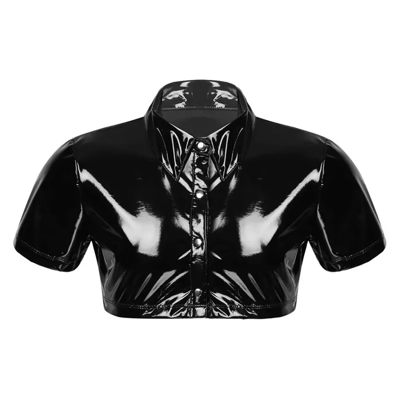 

Plus Size S-5XL Sexy Women Black Glossy No Smell Pvc Leather Crop Top Short Sleeved Shirt Blouse Vest Clubwear Fetish Costume