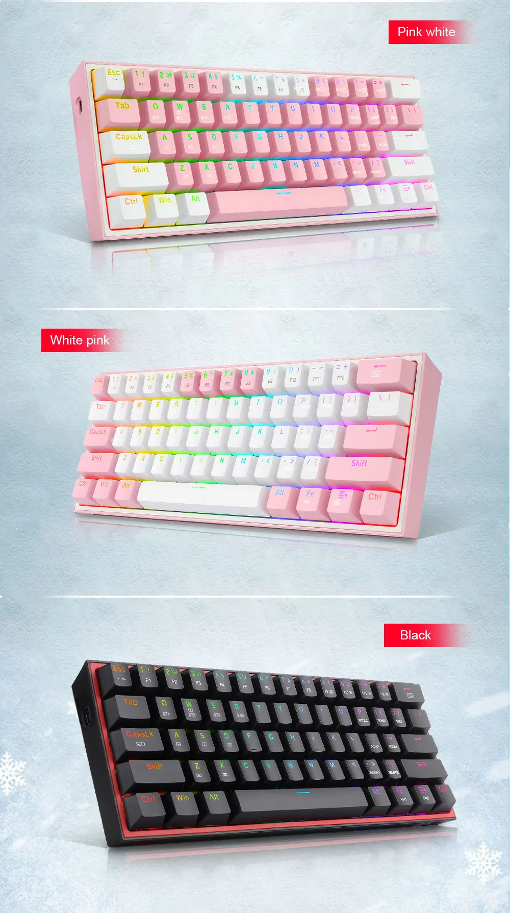 Fizz pro k616 61-key rgb mechanical gaming keyboard with bluetooth and usb connectivity, red switch, and 3 customizable modes