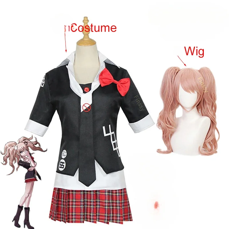 

Anime Danganronpa Cosplay Costume Enoshima Junko Uniform Cafe Work Clothes Short Skirt Double Tail Braid Wig