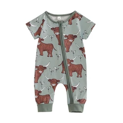 Baby Girls Boys Western Romper Casual Cattle Print Short Sleeve Zip-Up Jumpsuit Newborn Toddler Summer Clothes