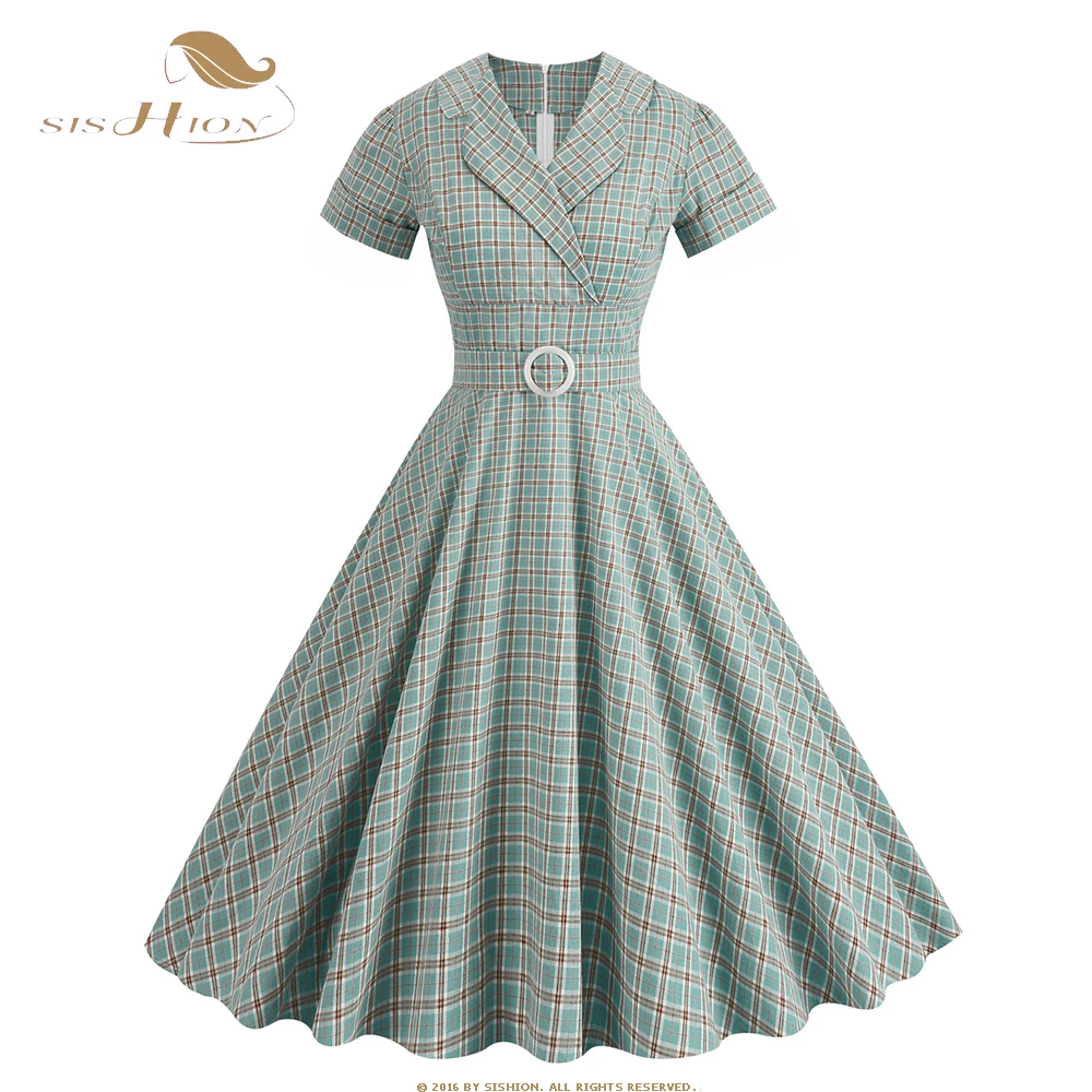 

Women Vintage 50s 60s Party Dress 2023 England Short Sleeve Plaid Print Sundress Swing Pinup Cocktail Runway Midi Dresses SR1359