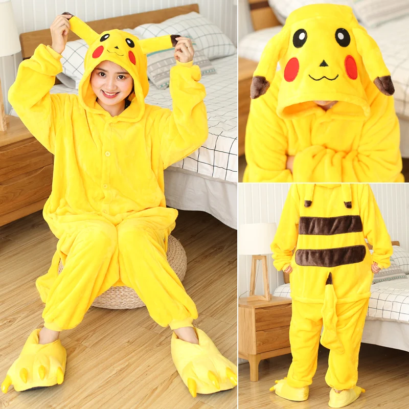 Kigurumi Adults Women Men Animal Pikachu Panda Onesies Pajamas Flannel Cartoon Unicorn Cosplay Warm Winter Homewear Jumpsuit