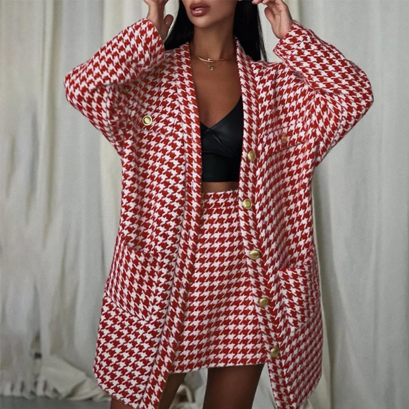 

Fall Small Fragrance Vintage Houndstooth Two Piece Set Women Loose Long Blazers Jacket Coat + Mini Skirts Sets 2 Piece Suits