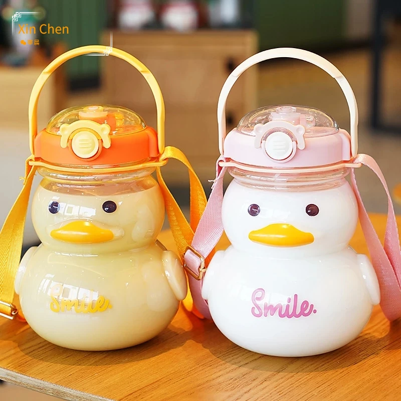 

650/1000ML Cute Duck Water Bottle with Straw for Girls Big Belly Plastic Cup Drinking Bottl Kids Kawaii Water Bottle BPA Free