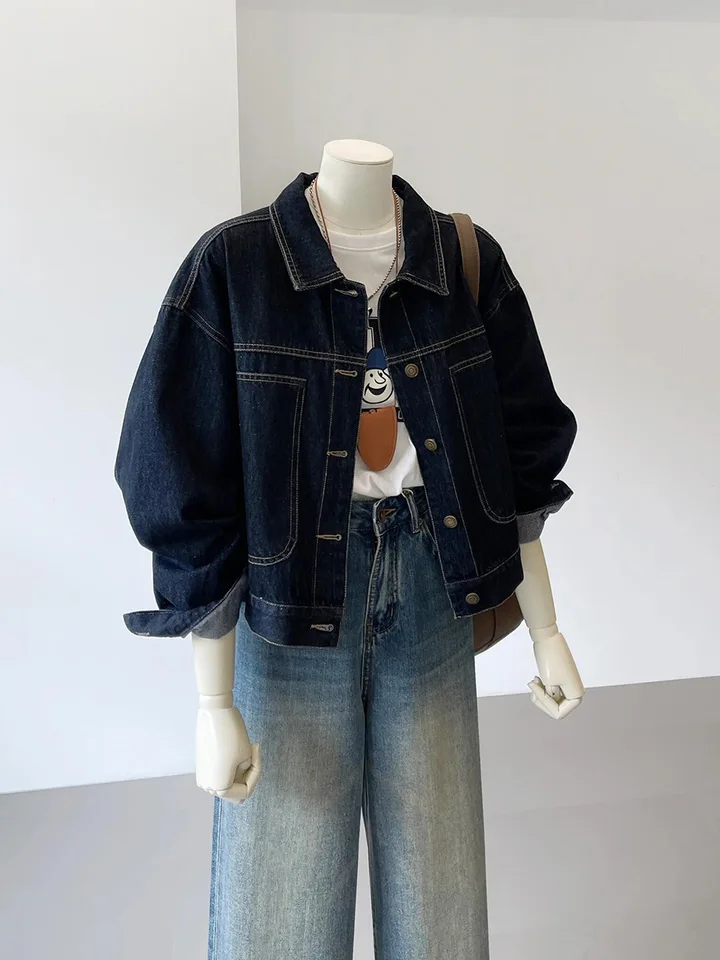 Navy Blue Casual Denim Jacket for Women