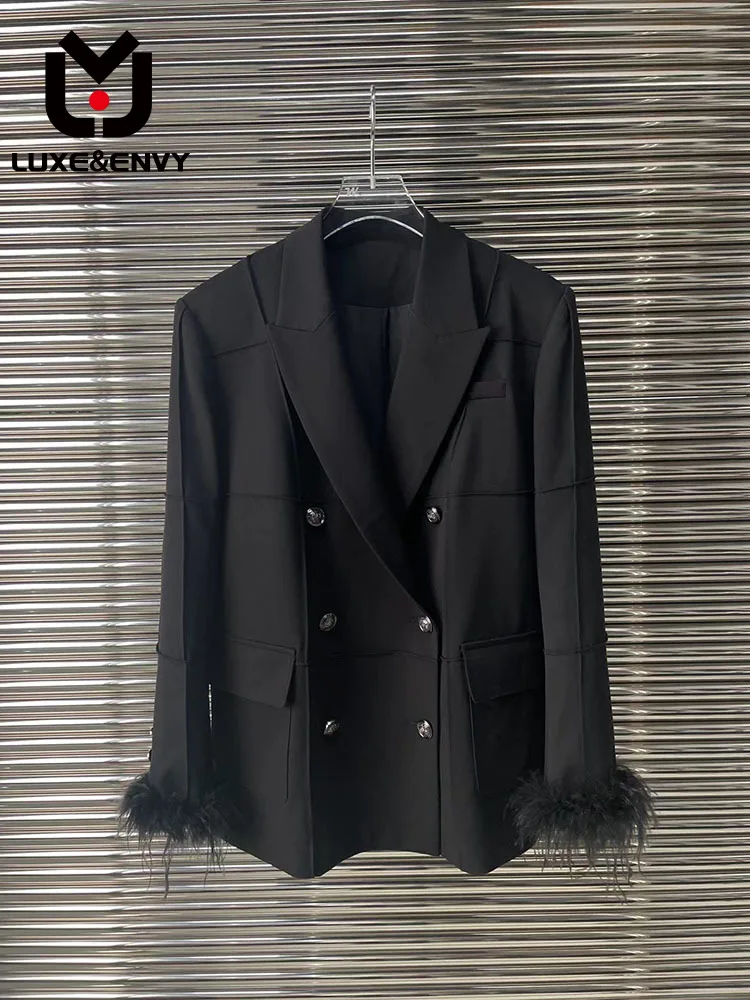 

LUXE&ENVY 2023 Autumn New Elegant Celebrity Senior Ostrich Cuff Double Breasted Suit Coat Women