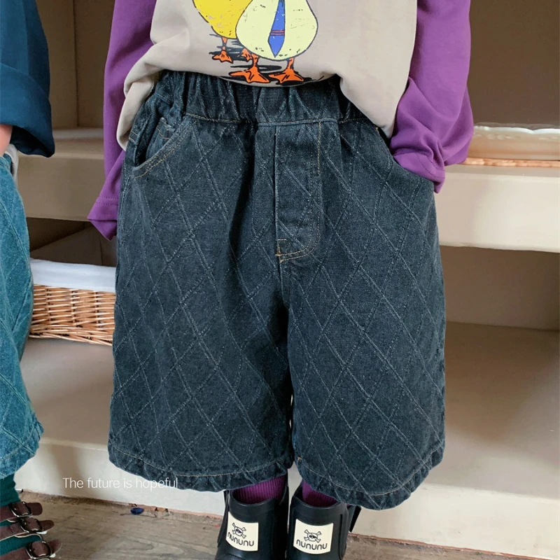 용수철 가을 여아 남아 데님 카프리 바지, 어린이 격자 무늬 바지, 한국 패션, 어린이 느슨한 와이드 레그 청바지, 어린이 의류
