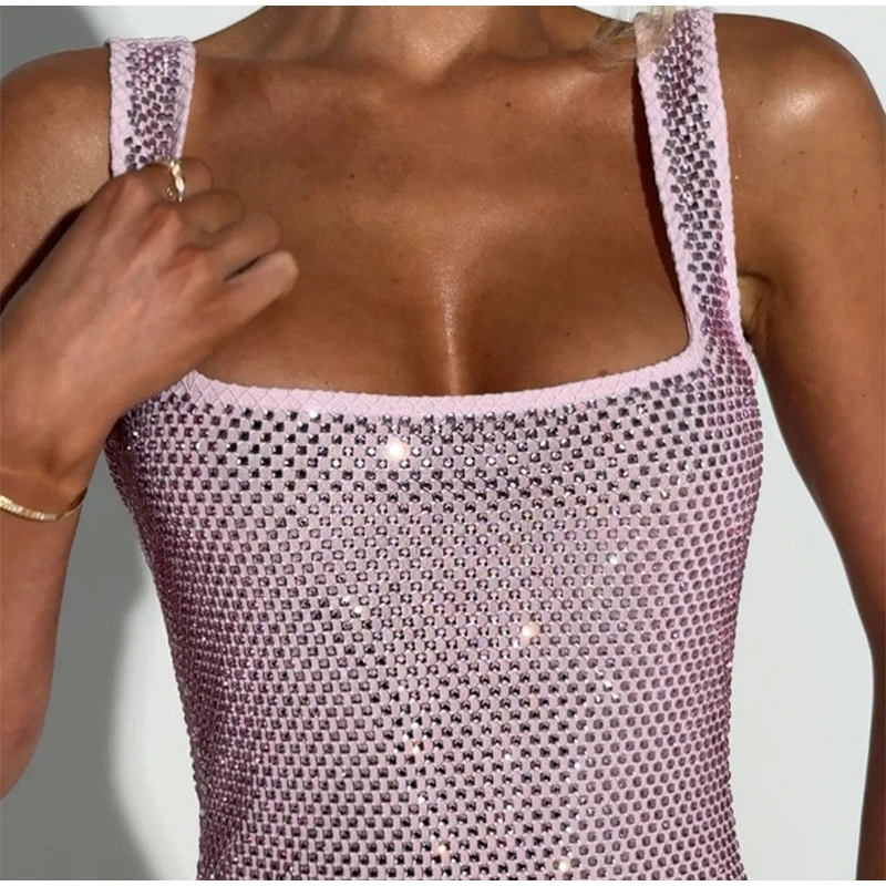 Pailletten Diamanten Rohr Langes Kleid Für Frauen Quadrat Kragen Ärmellose A-linie Mesh Robe 2025, Sommer Elegante Weibliche Party Kleider – Detail 21