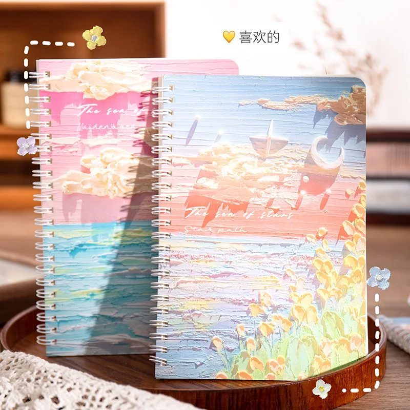 

Cute Spiral Notebook A5 Students Exercise Book 60 Sheets Oil Painting Cover Kawaii Planner Notepad School Supplies Stationery