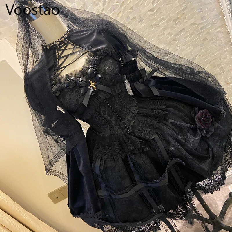 Vintage Gothic Lolita Dress Victorian Harajuku Women Elegant Rose Lace Ruffles Party Dresses Cosplay Girly Sexy Y2K Slip Dress