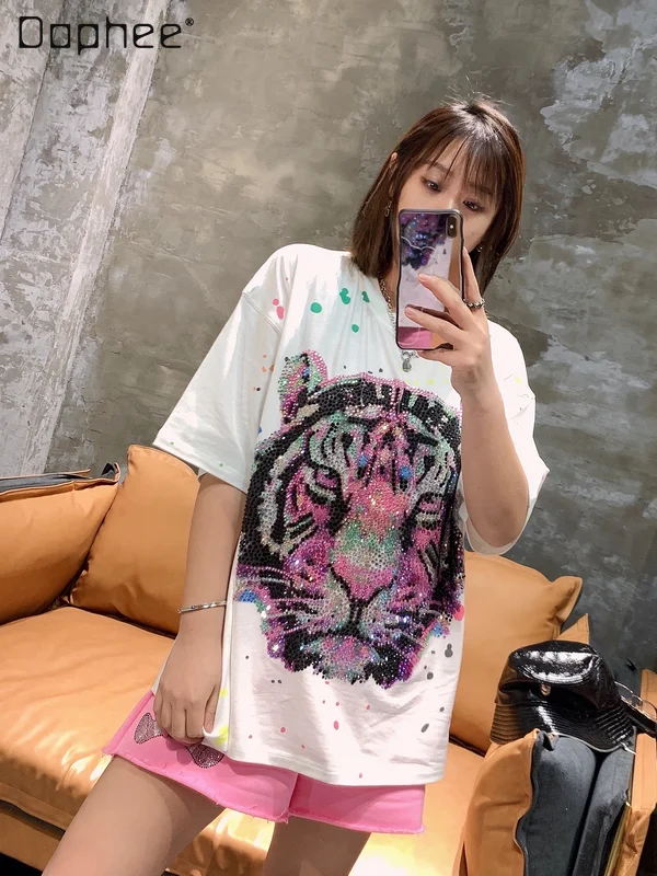 

Heavy Industry Rhinestone Cartoon Short Sleeve T-shirt 2023 Summer White Tiger Head Colorful Crystals Round Neck Pullover Top