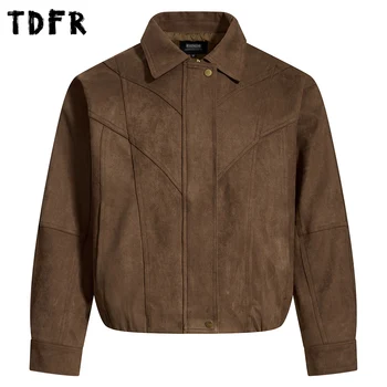 Giacca in pelle scamosciata impiombata retrò da uomo autunno inverno casual risvolto allentato manica lunga cerniera capispalla uomo 1