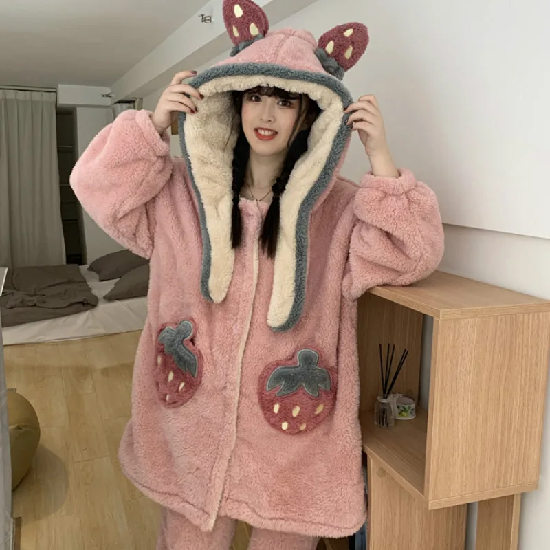Pink Kawaii Cute Two Piece Set Pullover Tracksuit Women Coral Fleece Hooded + Pants Strawberry Woman Suit 2 Piece Winter 2023