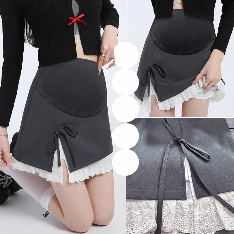 Summer Pregnant Woman Suit Skirts Lace Hem Patchwork Side Split Irregular Maternity Belly Skirt with Lining Pregnancy Skirt