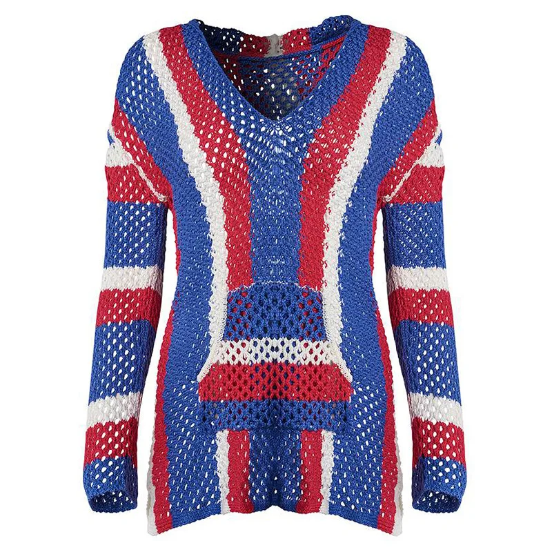 Bikini Cover Ups Women Crochet Beach Dress 2023 Colours Block Striped Swimwear Cape Summer Hooded Pullover Top with Front Pocket