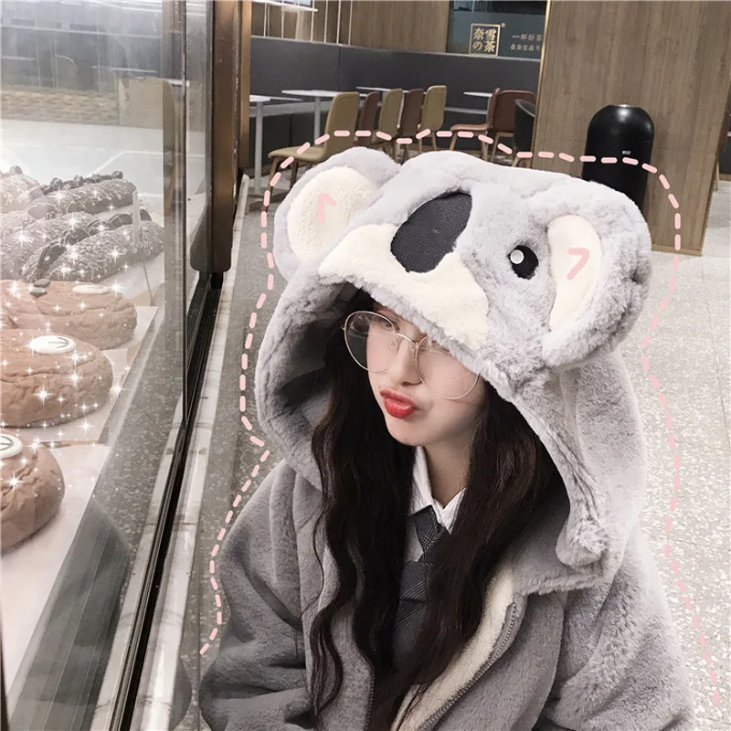 

Autumn Winter Zipper Coat Sweet Hooded Kawaii Harajuku Loose Pocket Hoodies Womens Fleece Flannel Sweet Koala Coats 2023 Female