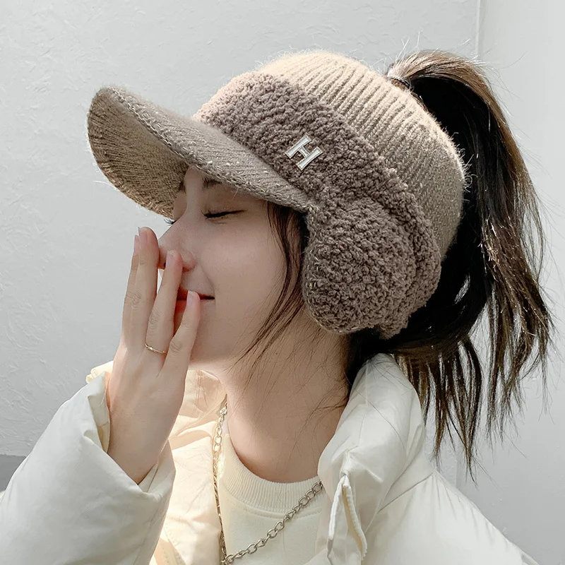 CNTANG 2022 Fashion Trend With Earflaps Empty Top Baseball Caps Lambswool Knitted Women's Hat Autumn Winter Thicker Warm Cap 1