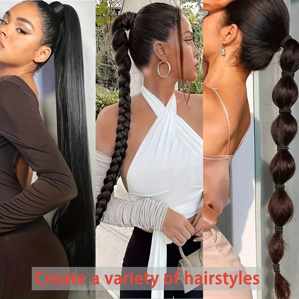 Synthetic Straight Ponytail Extensions Black Hairpiece Long Pony Tail With Hair Tie Rubber Band Can be DIY Braided Bubble Ponyta