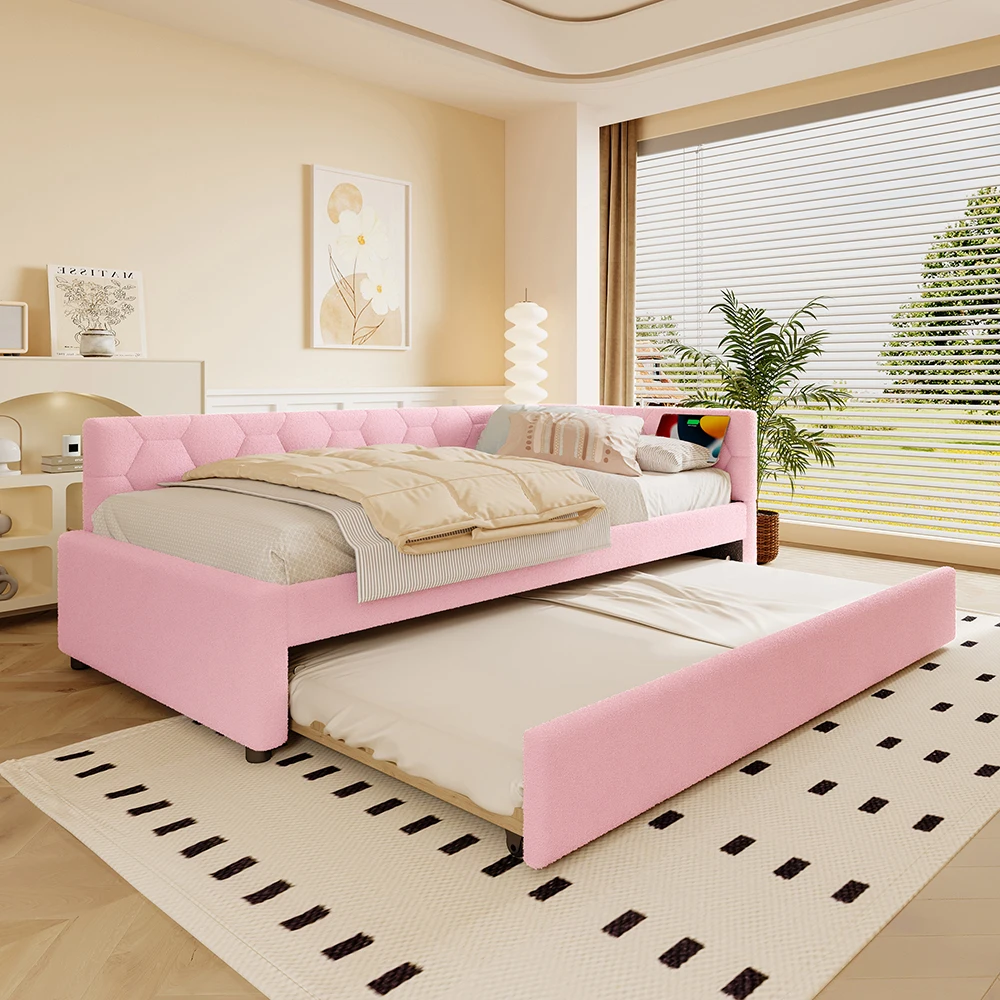 KOMHTOM Tagesbett 90×200cm, Schlafsofa mit USB-/Typ-C-Ladestation, Nachttischlampe, ausziehbarem Bett und Lattenrost, weiß/rosa – Detail 2