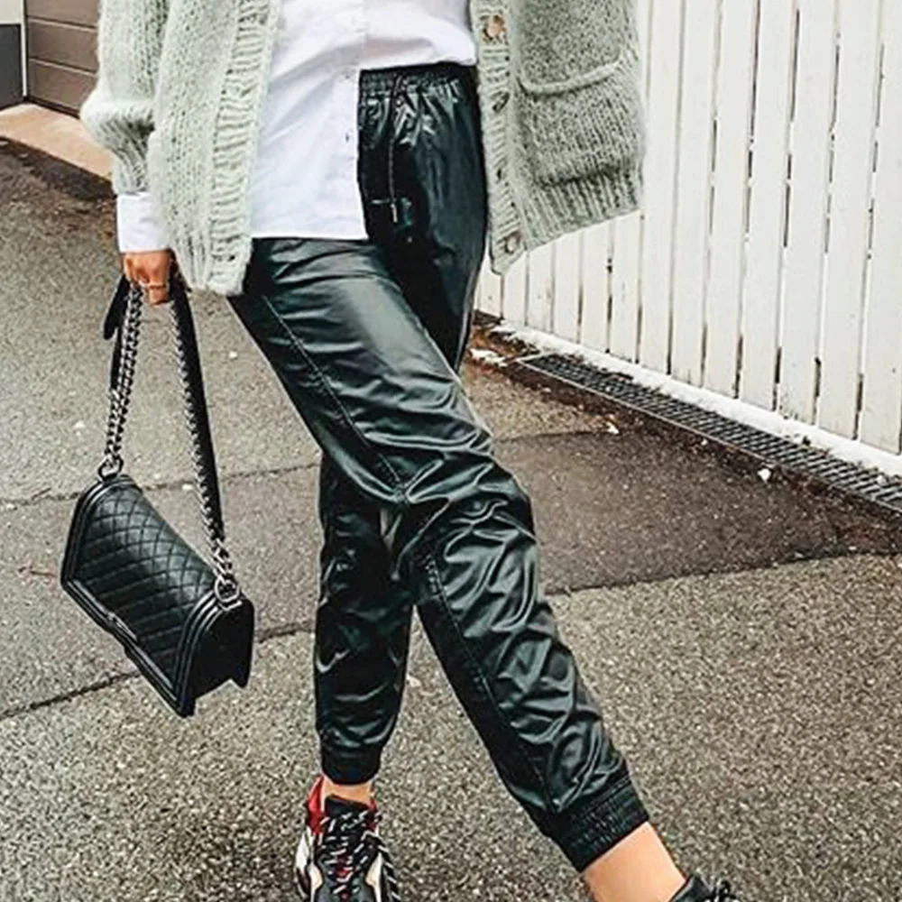 jogger pants Sexy black Autumn winter streetwear leather pants women clothing vintage stacked baggy gothic High waist PU harem pants trousers cargo pants for women