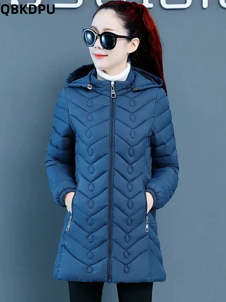 

Slim Mid-length Hooded Parkas Korean Women Winter Warm Cotton Padded Coats Casual Snow Wear Thicken Basic Solid 2023 New Outwear