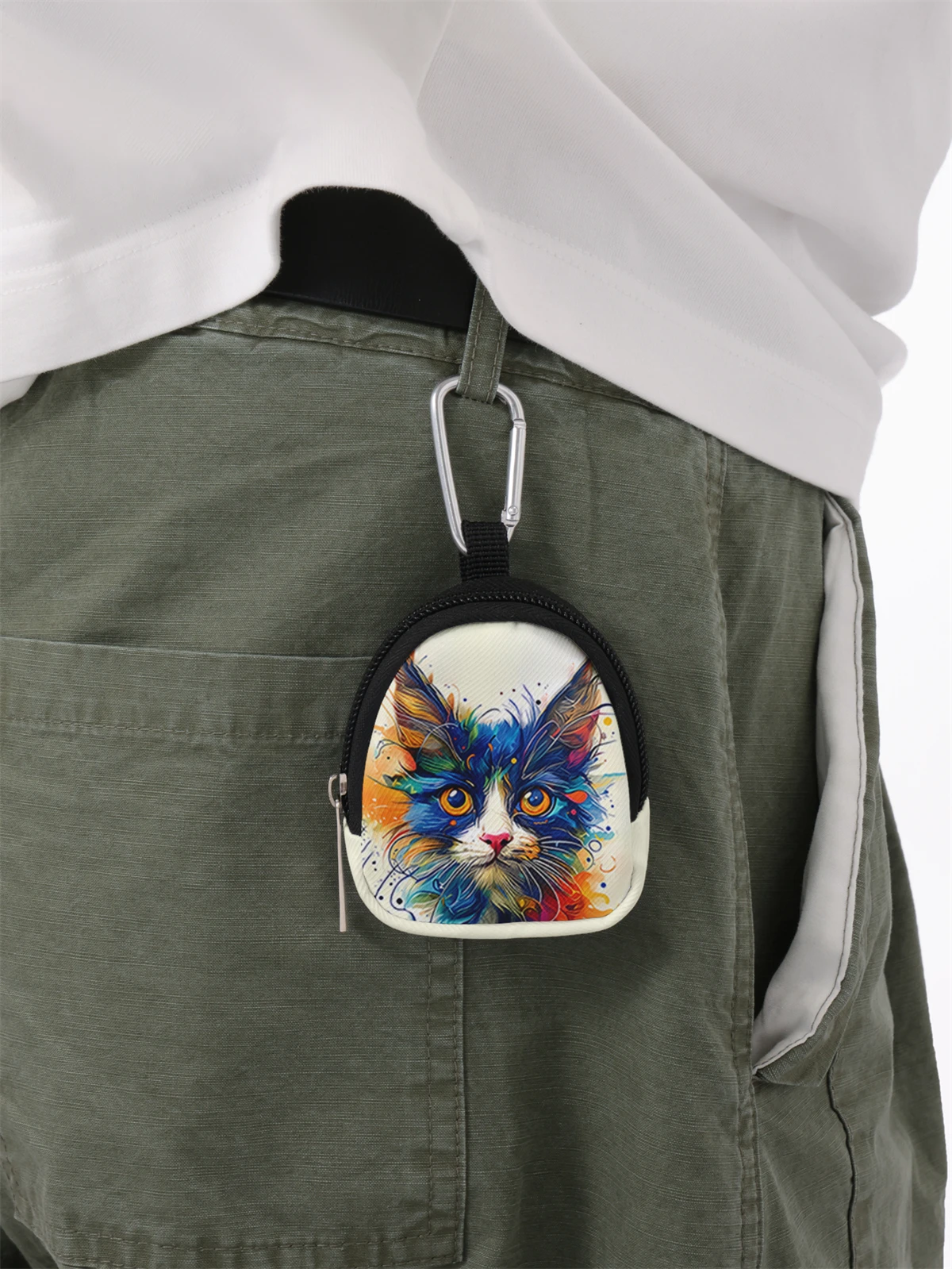 Colorful cat pattern printed mini wallet, lightweight zipper change bag with hook clip, headphone key bag, suitable for both men