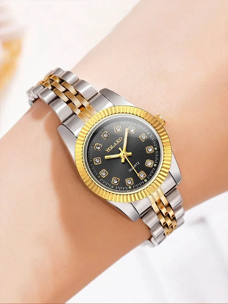 1pcs Women's Fashion Round Room Gold Steel Band Quartz Wristwatch 6