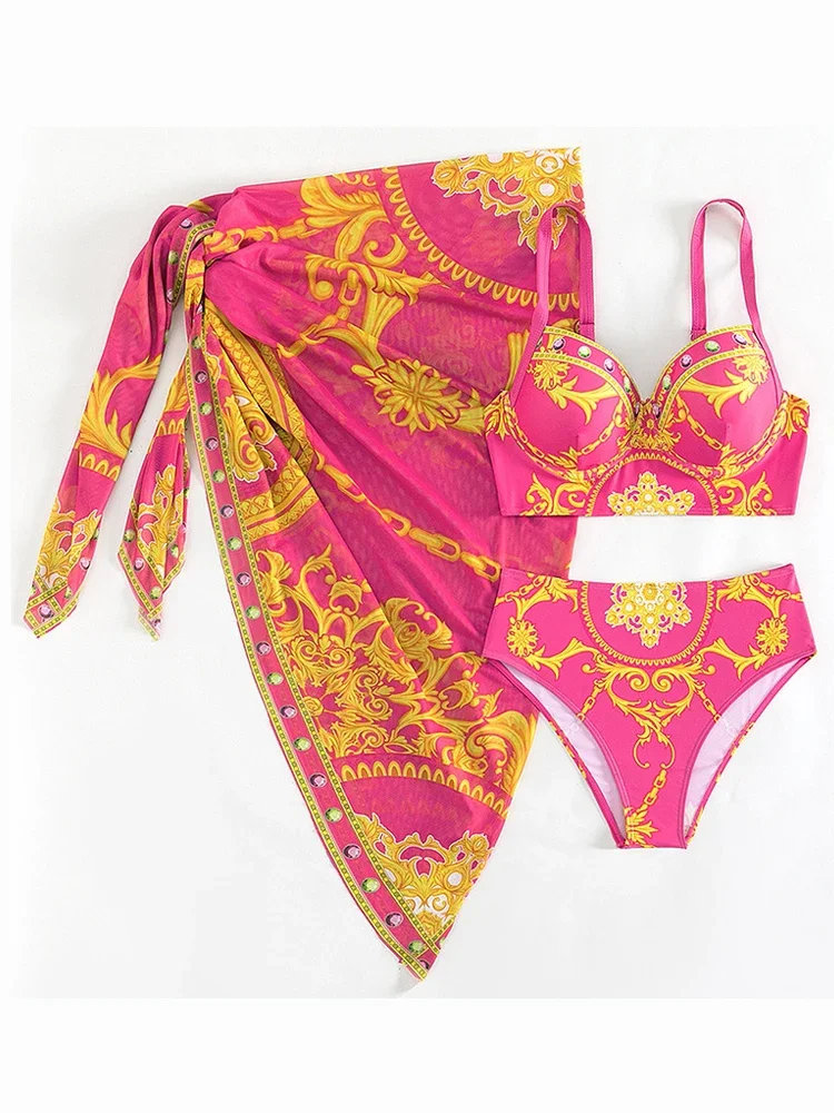 New  Print 3 Piece High Waist Skirt Bikini Set Swimwear Women 2024 Strapped Push UP Swimsuit Summer Bathing Suit