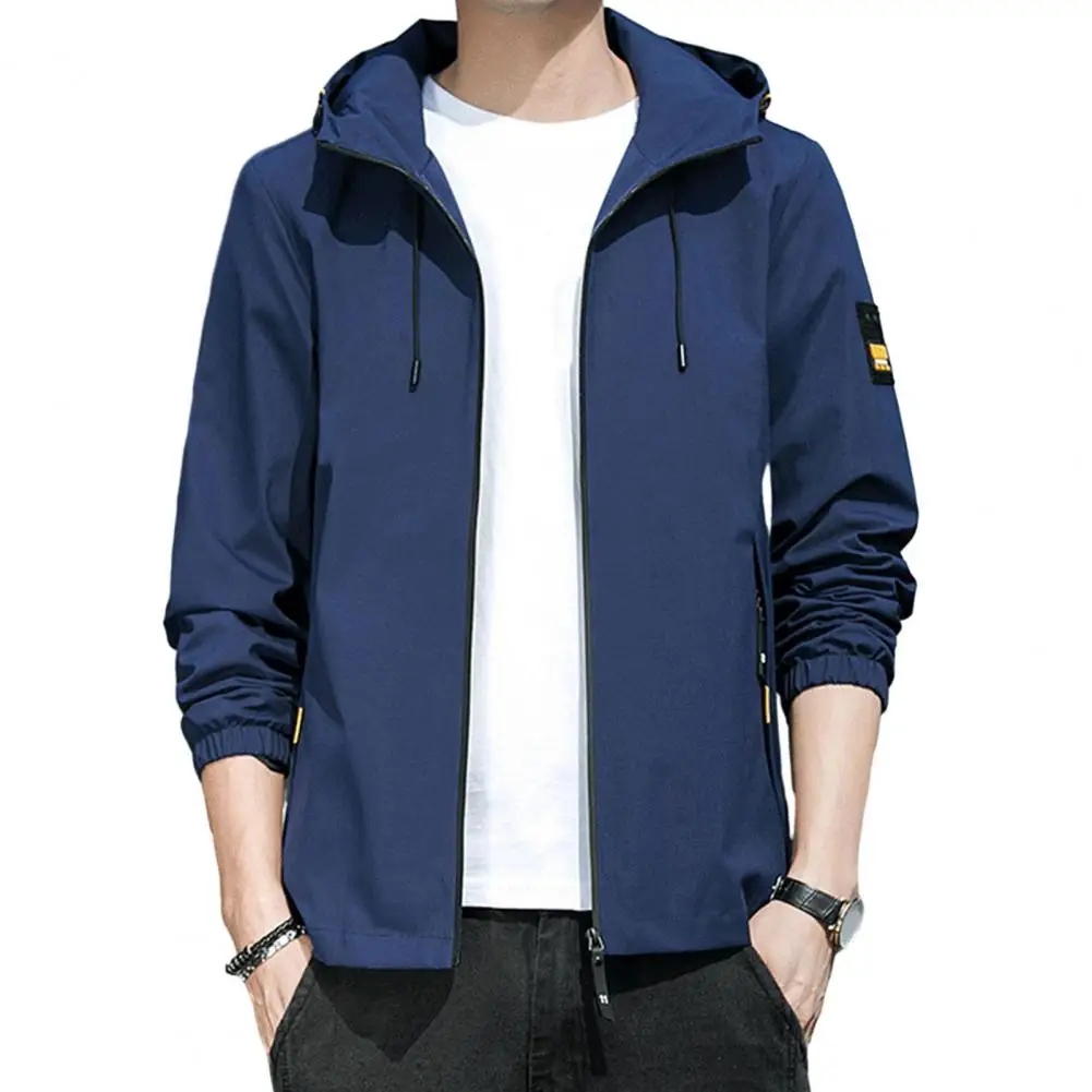 

Winter Men Coat Stylish Men's Hooded Winter Coat Thin Solid Color Jacket with Pockets Zipper Closure Elastic Cuffs for Autumn