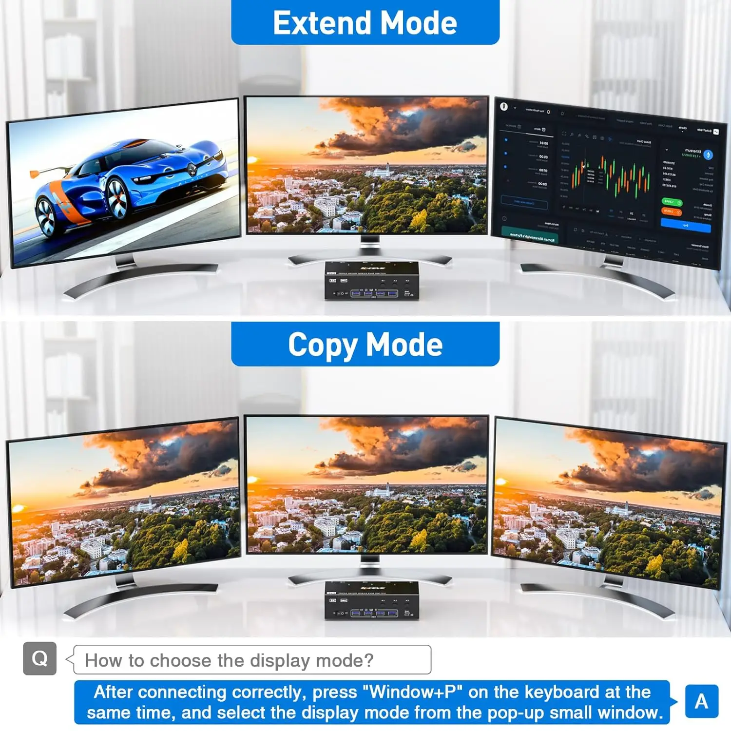 KCEVE HDMI USB 3.0 KVM 스위치, 모니터 3 개, 컴퓨터 3 개, 8K @ 60Hz, 4K @ 144Hz 트리플 모니터 KVM, 4 USB 3.0 포트, KVM Tripl 모니터