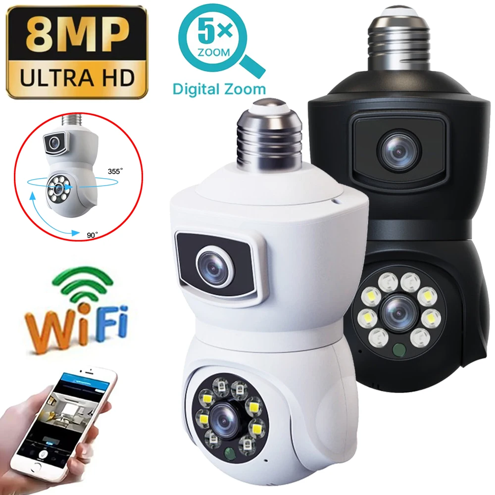 8MP E27 Bulb WiFi Camera Dual Lens Dual Screen Auto Tracking Two Way Audio Cam Color Night Vision Security Surveillance Camera 8MP E27 Bulb WiFi Camera Dual Lens Dual Screen Auto Tracking Two Way Audio Cam Color Night Vision Security Surveillance Camera