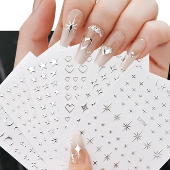Autocollants pour ongles en métal argenté, 6 feuilles, étoiles métalliques 3D, autocollants pour Nail Art, autocollants auto-adhésifs pour Nail Art, chaîne en métal, cœur 1