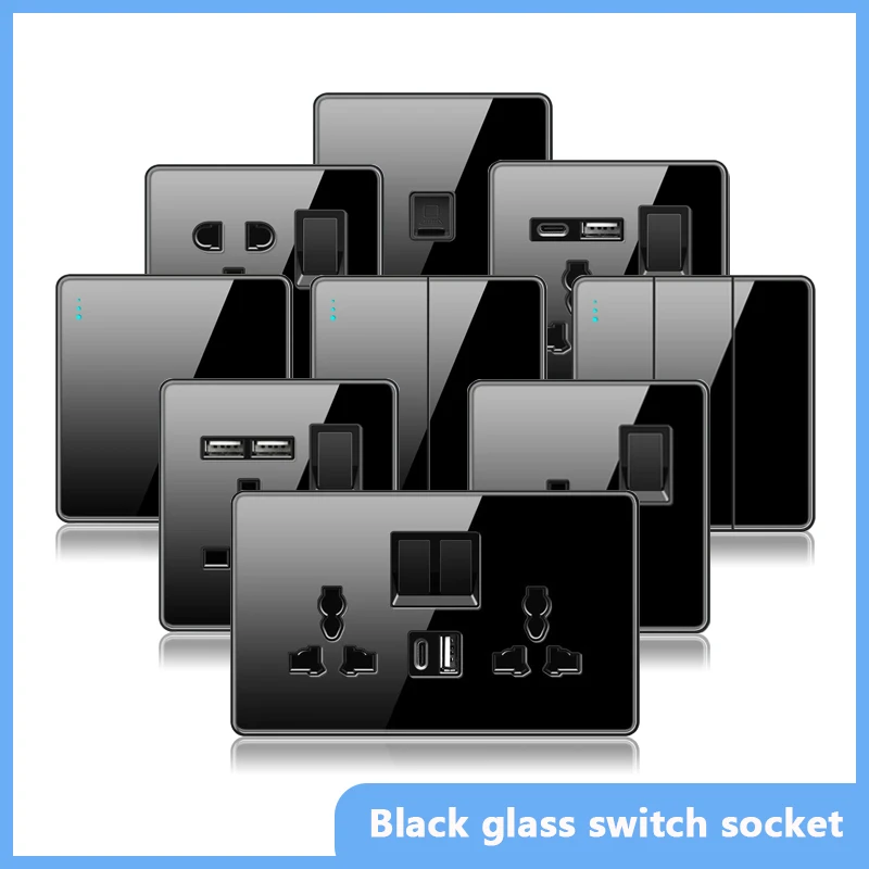 

Luxury All Tempered Glass Wall Light Switch Button Black UK Plug 13A Universal Wall Socket with Usb ,220V1gang2way Speed Switch