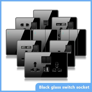 Luxury All Tempered Glass Wall Light Switch Button Black UK Plug 13A Universal Wall Socket with Usb ,220V1gang2way Speed Switch