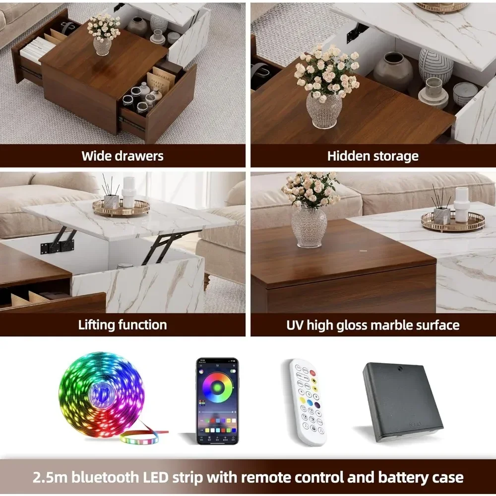 Lift Top Coffee Tables for Living Room, 43" LED Wooden Center Tables with Storage Shelf, Hidden Compartment and Drawer for Home