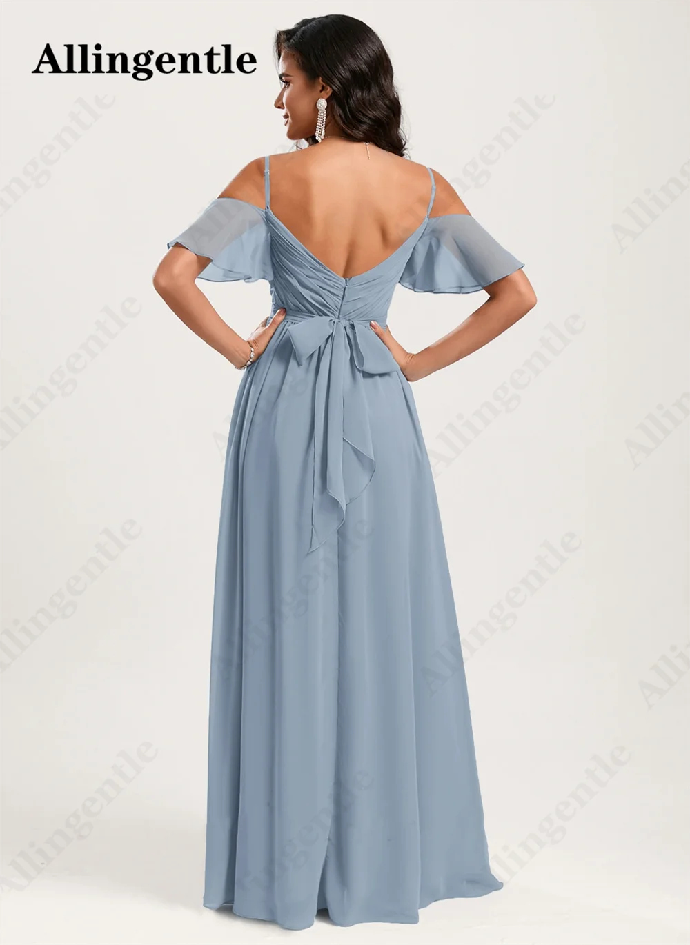 A-Line V-Neck Bridesmaid Dresses Spaghetti Straps Short Sleeves Floor Length Split Side Chiffon Women Evening Gown