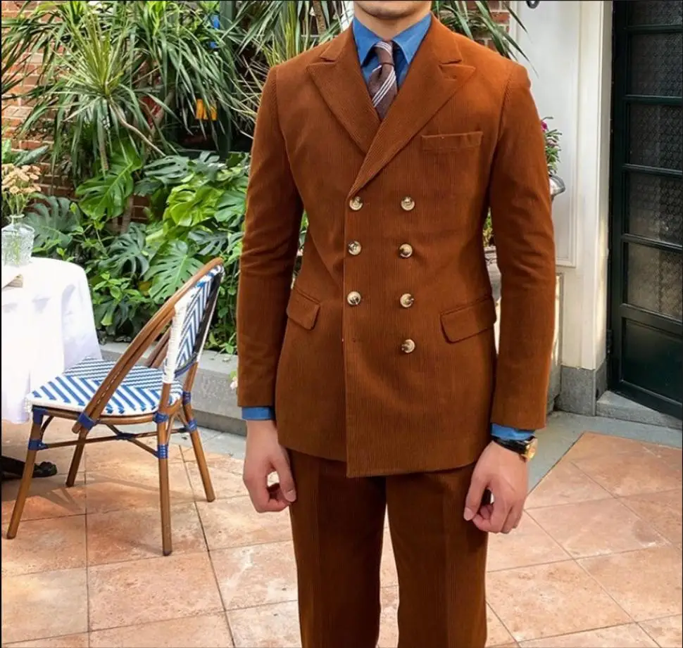 Classic Corduroy Men‘s Wedding Suit Peak Lapel Solid Color Groom Wear Double Breasted Tuxedos 2 Pieces  Jacket Pants Custom Made