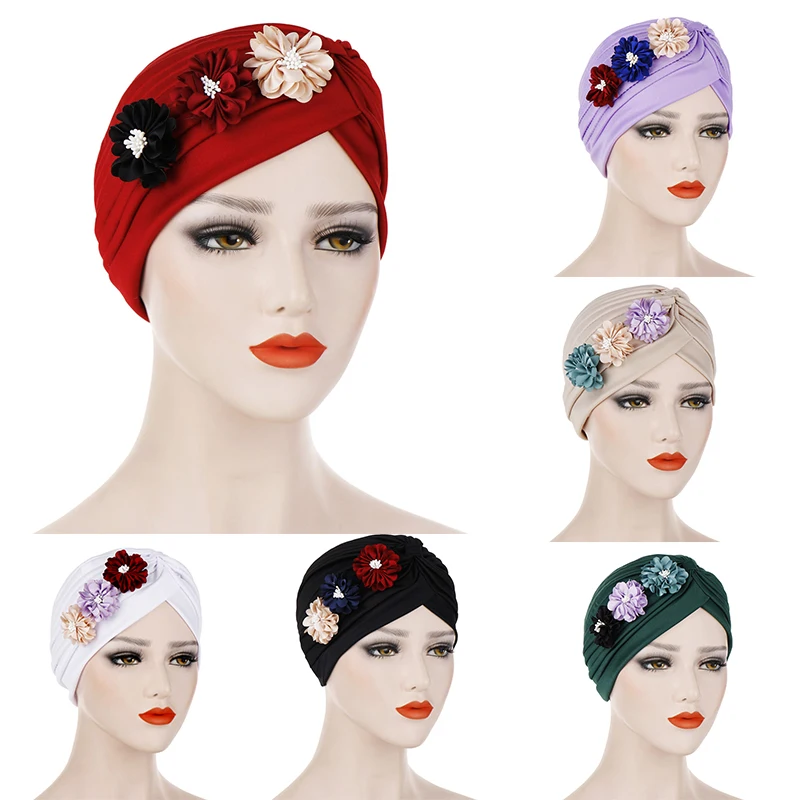 

Street Photography Fashion Three Flowers Folded Indian Hat Turban Hat Simple Baotou Hat Back Can Hide Hair Muslim Pullover