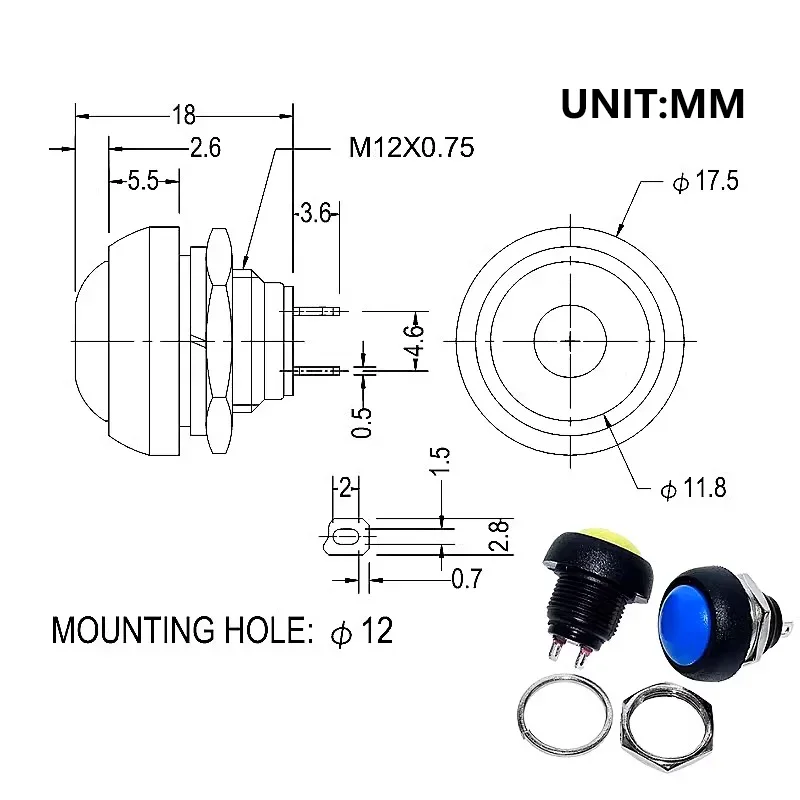5/20/100PCS 12mm Mini Round Push Button Switch,PBS-33A Self-Locking/33B Self-reset ,3A250VAC/1A125VAC Electrical Equipment 2Pin