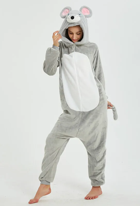 Flannel Gray Mouse Onesies Kigurumi Adult Grey Rat Pajamas Nightgown Cosplay Costume Animal Pyjamas Sleepwear Set