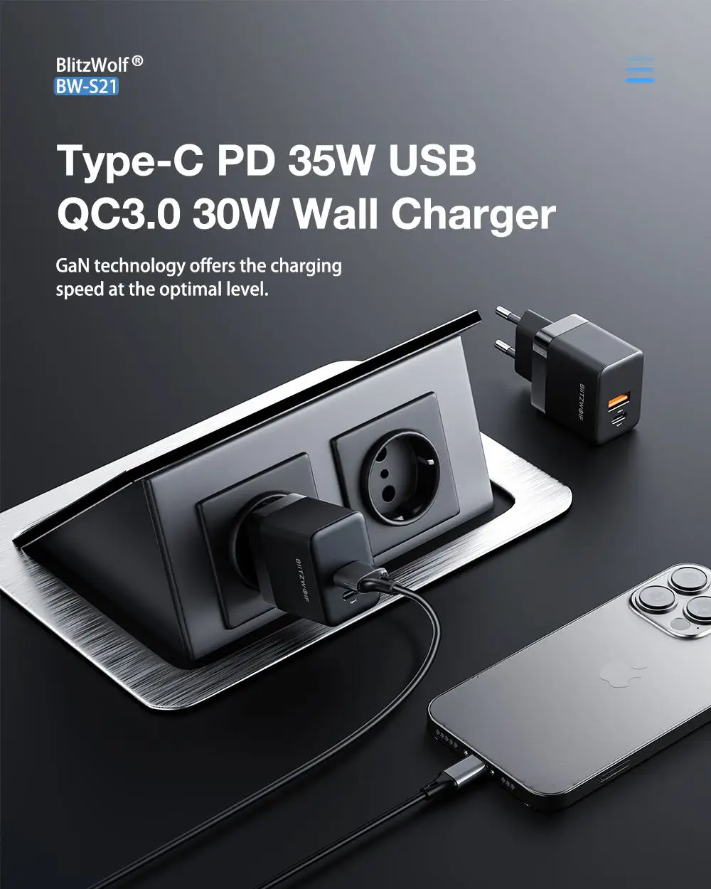 BlitzWolf BW-S21 Mini 35W GaN Wall Charger description image