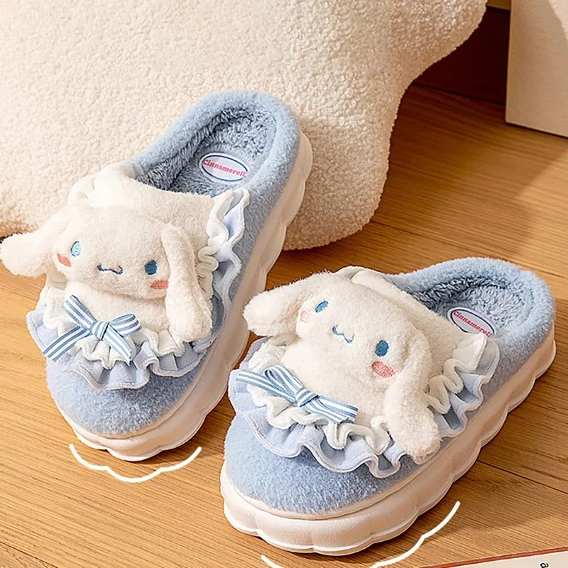 Kawaii Sanrio Hello Kitty Fuzzy Slipper Cinnamoroll Kuromi My Melody Women Winter Plush Non Slip Slippers Cute Home Flat Shoes