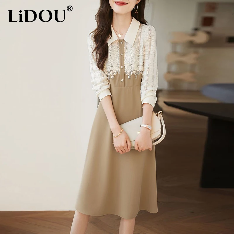 

Spring Summer Polo-neck Elegant Fashion Lace Patchwork Dress Ladies Long Sleeve Temperament Loose Casual Simple Robe Vestidos