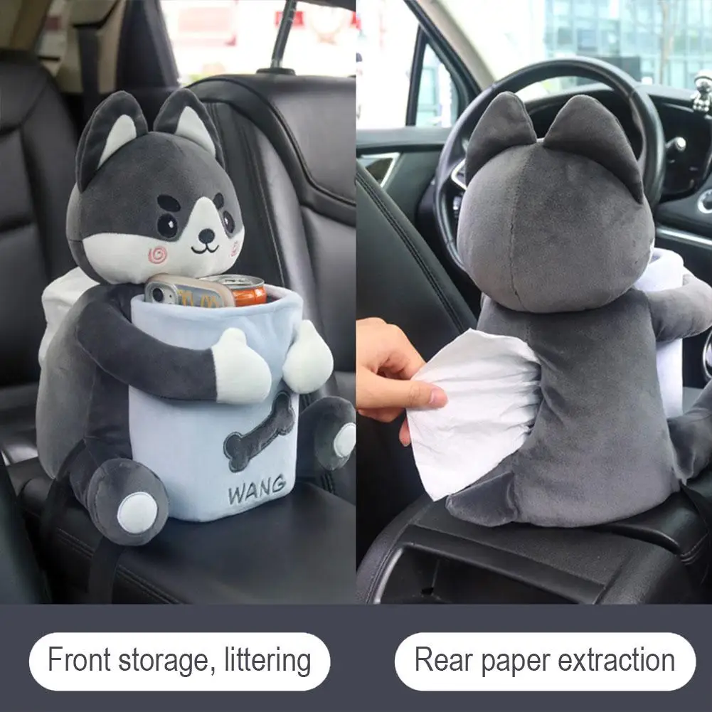 Car Trash Can Cute Car Tissue Box 2 In 1Cartoon Plush Doll Auto Armrest Box Hanging Paper Drawer Storage Car Trash Can And Tissue Holder