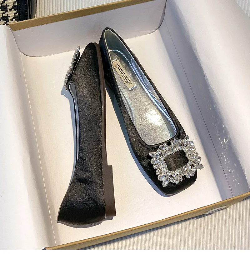 2023 Spring/Summer New Fashion Rhinestone Square Button Flat Bottom Shoes Satin Shallow Mouth Square Head Casual Women's Shoes 4