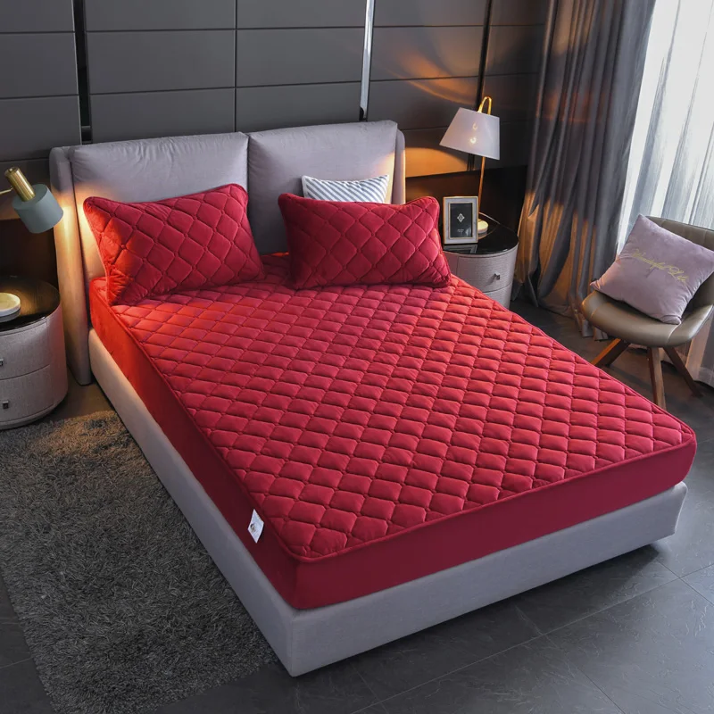 Plush Thicken Quilted Fitted Sheet Warm Soft Velvet Fit Sheet Single Double Queen Size Mattress Cover With Elastic Band Bedsheet 2