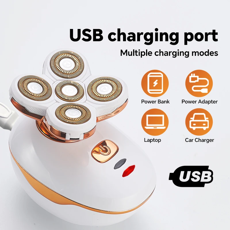 5개의 회전 블레이드가 있는 USB 전기 면도기는 대머리 머리, 대머리 공작 기계로도 사용할 수 있습니다.