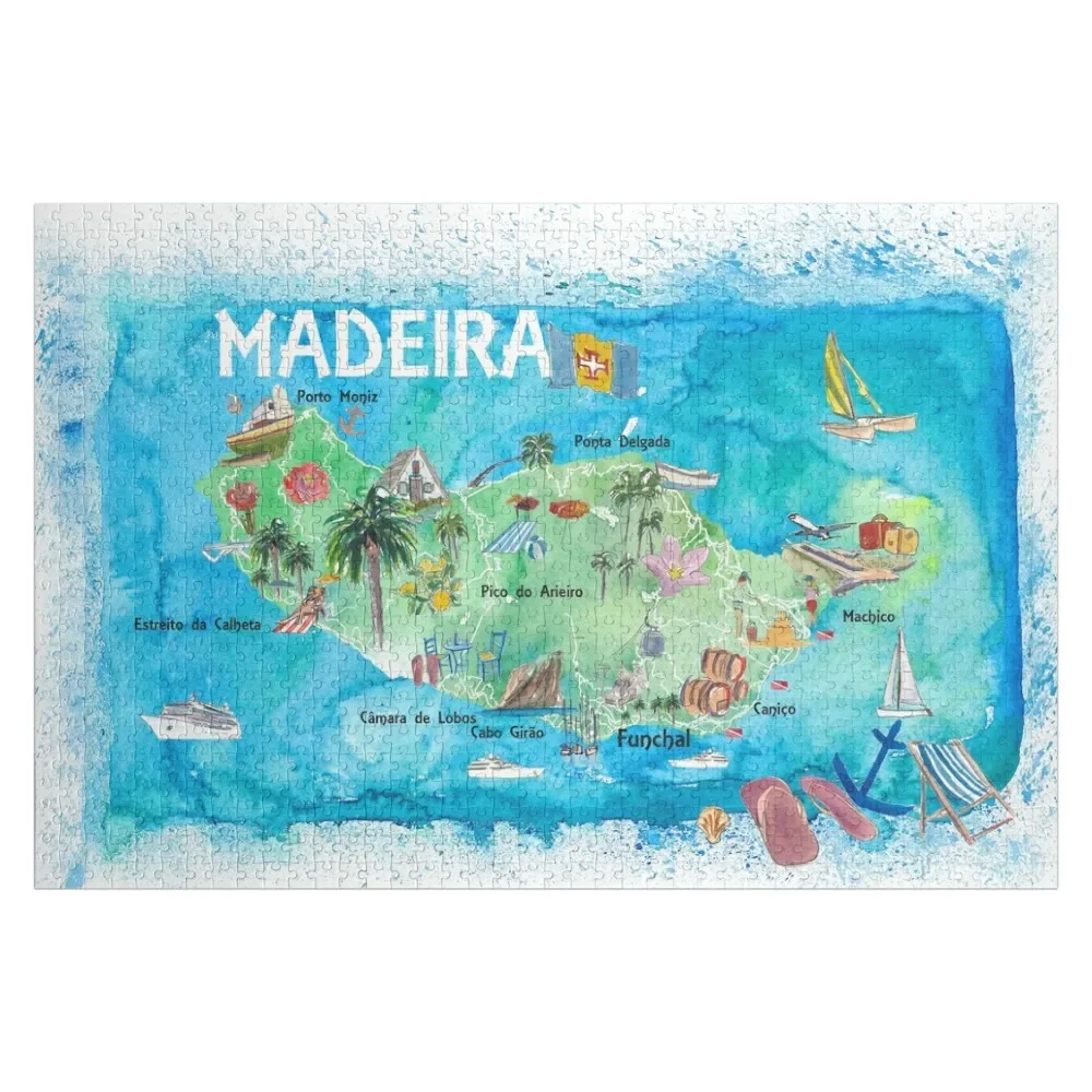 Madeira Portugal Island Illustrated Map with Landmarks and Highlights Jigsaw Puzzle Animal Woodens For Adults Puzzle