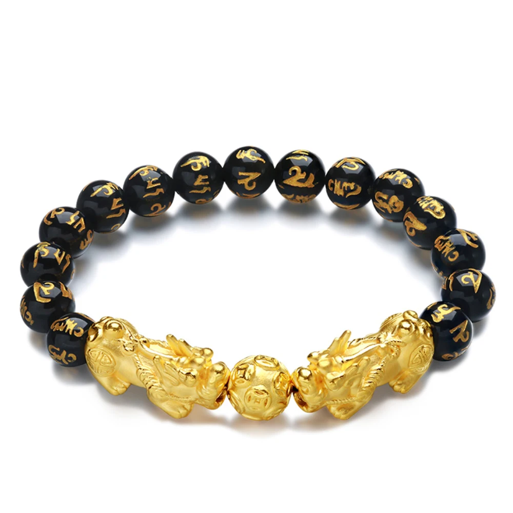 

999 Real 24K Yellow Gold Bracelet For Women Men Pixiu Charms and Sutra Black Agate 10mm Girl Best Gift