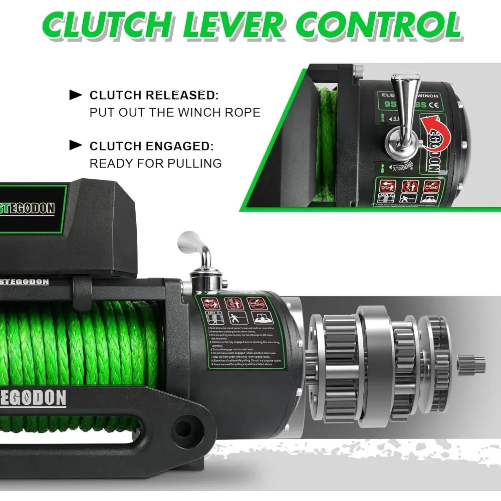 9500lb Electric 12V Waterproof Electric Winch Synthetic Rope Winch with Wireless Handheld Remote and Corded
